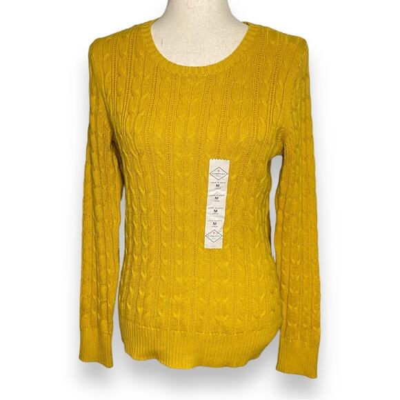 St Johns Bay Long Sleeve Crewneck Cable Knit Sweater Mustard Yellow Medium NWT - Picture 1 of 9